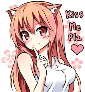 💋 Kiss Me Plz Anime, Mignon, Fille, Oreilles de chat, Baiser, Requête, Rose telegram sticker