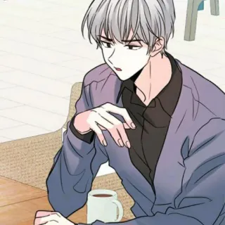 🍚 pria, gaya anime, kopi, duduk, di dalam ruangan telegram sticker