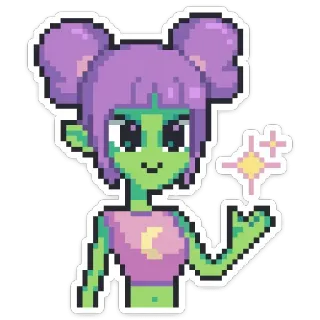 😉 Alien, Pixel Art, lila Haare, Cartoon, Glitzer, süß, Mond, Mädchen whatsapp sticker