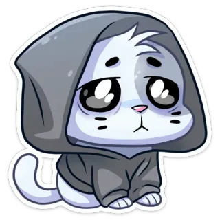 😟 kat, kitten, schattig, verdrietig, hoodie, cartoon, sticker, anime telegram sticker