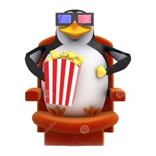 🍿 chim cánh cụt, bắp rang bơ, phim, rạp chiếu phim, kính 3D, phim hoạt hình telegram sticker