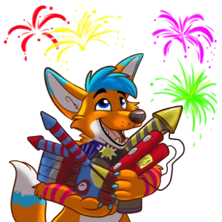 💥 renard, dessin animé, feu d'artifice, fusée, fête, animal whatsapp sticker