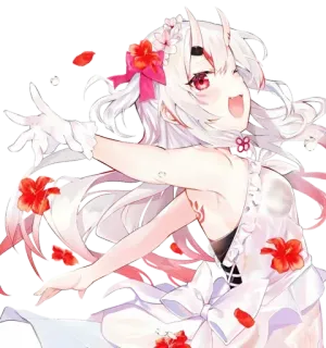 🙀 Anime, Mignon, Fille, Yeux rouges, Cheveux blancs, Pétales de fleurs, Dessin animé telegram sticker