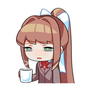 🤥 Monika Doki Doki Literature Club! anime, chibi, exhausted, coffee, monika, doki doki literature club telegram sticker
