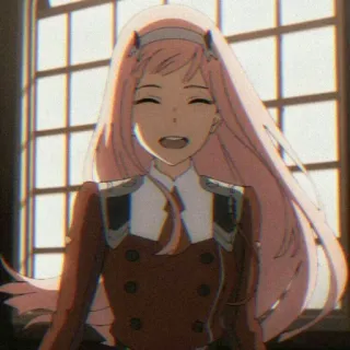 😄 Zero Two Darling in the Franxx Anime, Dziewczyna, Uśmiech, Różowe włosy, Szczęśliwy telegram sticker