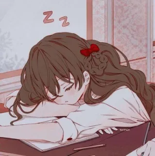 〰️ ZZ anime, girl, sleeping, tired, red bow, student telegram sticker