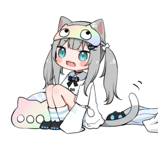 😲 애니메이션 소녀, 고양이, 귀여운, 잠옷, 카와이, 디지털 아트 telegram sticker