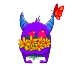 💐 Monster, süß, Schmetterling, Blumen, Cartoon, lila, Hörner whatsapp sticker
