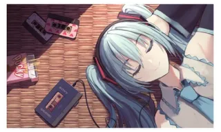 🎶 Hatsune Miku Anime, Música, Auriculares, Casete, Sony Walkman, Retro, Chica, Pocky telegram sticker
