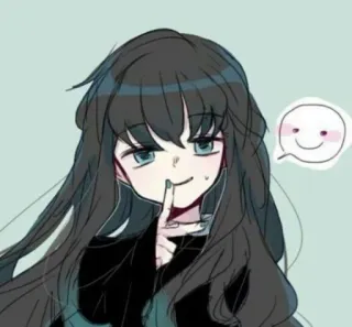 ❄ Anime, Charakter, Grinsen, Finger an den Lippen, schwarze Haare, Cartoon telegram sticker