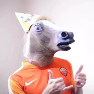 🤘 horse mask, party hat, thumbs up, funny, costume, mascot whatsapp sticker