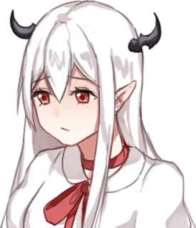 😒 gadis anime, peri, mata merah, rambut putih, iblis, tanduk, sedih telegram sticker