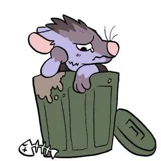 😥 zarigüeya, basura, triste, dibujo animado, animal, espina de pescado, desperdicio, lindo whatsapp sticker