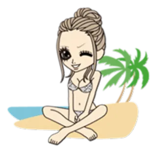 😉 Kartun, Gadis, Pantai, Musim panas, Bikini, Ilustrasi telegram sticker