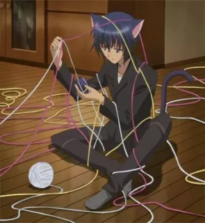 🐈 Anime, Katzenjunge, Neko, Faden, Garn, Innenbereich, Sitzend telegram sticker