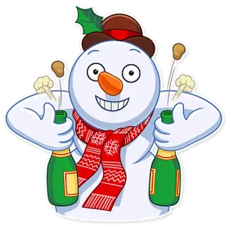 🍾 muñeco de nieve, invierno, navidad, fiesta, champán, celebración, festivo, dibujos animados whatsapp sticker
