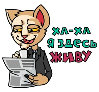 😏 ХА-ХА Я ЗДЕСЬ ЖИВУ cat, newspaper, suit, russian, text telegram sticker