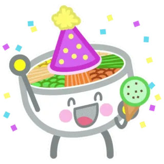 🎉 mangkuk, makanan, pesta, perayaan, kawaii, imut, stiker, konfeti, ulang tahun whatsapp sticker