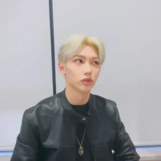 🌚 Felix hombre, persona, retrato, chaqueta de cuero, pelo rubio, kpop telegram sticker