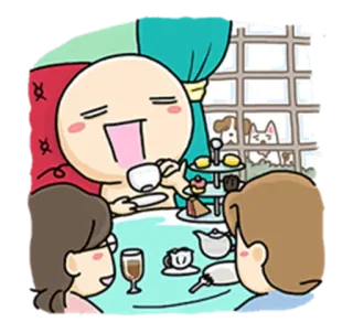 😝 งานเลี้ยงน้ำชา, การ์ตูน, ขนม, เพื่อน, น่ารัก, การรวมตัว telegram sticker