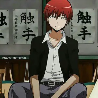 🤟 Karma Akabane Assassination Classroom 三年E組 触手 Anime, cabelo ruivo, sorrindo, sala de aula, Assassination Classroom, Karma Akabane, escola whatsapp sticker
