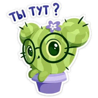 🧐 ты тут? cacto, fofo, flor, planta, óculos, pergunta, russo whatsapp sticker