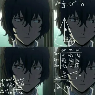 😐 y=ax+bx+c
(X1,X2)
V=π² V= h
h
30° 45° 60°
Sin 12 2/2 13/2
Cos 5/22/12/2
Tan 53/3 1 13
2x
09
=Jb4ac
S
X
45 SIZ
X Anime, Matemáticas, Ecuaciones, Confundido, Pensando whatsapp sticker