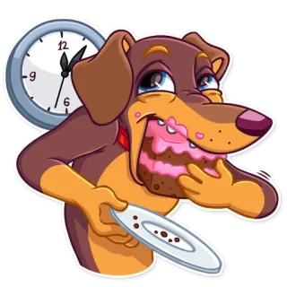 🎂 สุนัข, เค้ก, นาฬิกา, กิน, ของหวาน, สัตว์, การ์ตูน telegram sticker
