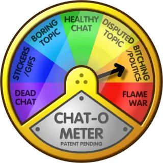 5️⃣ STICKERS
BORING
TOPIC
HEALTHY
CHAT
DISPUTED
TOPIC
BITCHING
/POLITICS
DEAD
CHAT
CHAT-O
METER
PATENT PENDING
FLAME
WAR chat, politics, flame war, dispute, bitching, topic, meter, sticker telegram sticker