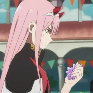 🍢 Zero Two Darling in the Franxx อนิเมะ, Zero Two, Darling in the Franxx, ตัวละคร, ผมสีชมพู, เขา telegram sticker