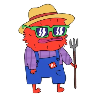 👨‍🌾 kreskówka, rolnik, postać, ilustracja, kapelusz, okulary przeciwsłoneczne, widły telegram sticker