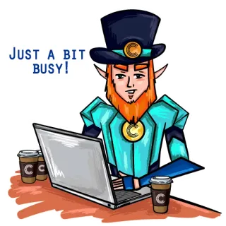 ☕️ JUST A BIT BUSY! leprechaun, busy, laptop, coffee, cartoon telegram sticker