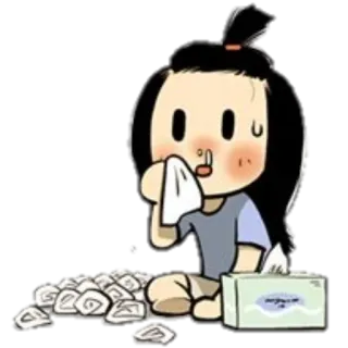 🤧 Cartoon, Krank, Erkältung, Grippe, Taschentuch, Cartoonfigur, Mädchen, Schniefen telegram sticker