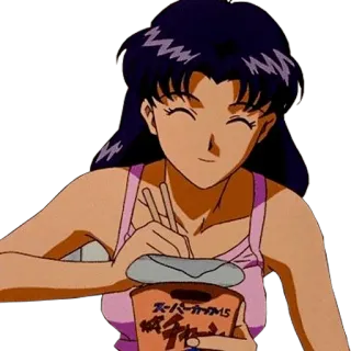🍽 Misato Katsuragi Neon Genesis Evangelion スーパーカップ1.5 anime, woman, eating, noodles, japanese, cartoon telegram sticker