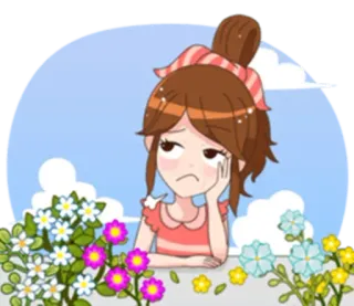 😥 menina, triste, flores, desenho animado, emocional, fofo whatsapp sticker