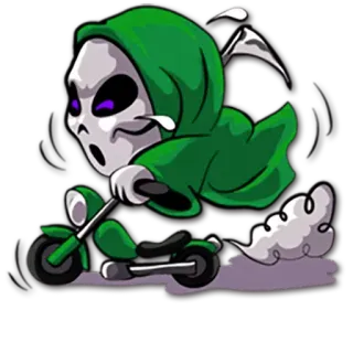 🏍 저승사자, 해골, 오토바이, 낫, 만화, 죽음, 초록 telegram sticker