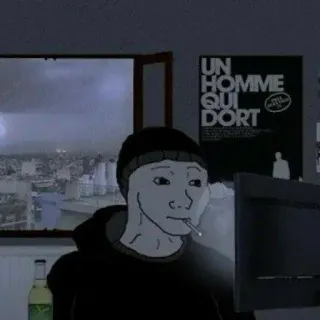 😐 UN HOMME
QUI DORT Wojak, 흡연, 컴퓨터, 도시, 밤, 인터넷, 책상, 비 telegram sticker