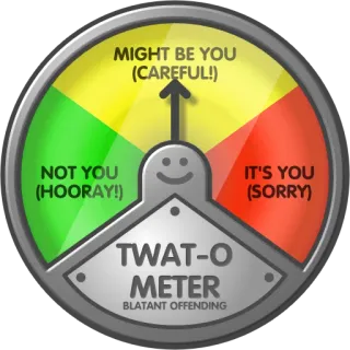 ❗️ MIGHT BE YOU (CAREFUL!)
NOT YOU (HOORAY!)
TWAT-O METER
BLATANT OFFENDING
IT'S YOU (SORRY) humor, insult, twat, meter, offensive, slang telegram sticker