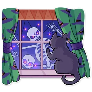 😔 kucing, kerangka, halloween, jendela, menyeramkan, malam telegram sticker