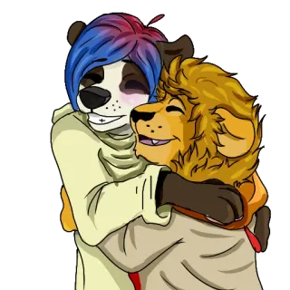 ❤ Furry, Ôm, Sư tử, Gấu trúc, Tình bạn, Hoạt hình, Hình người telegram sticker