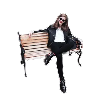 😄 женщина, кожаная куртка, солнцезащитные очки, скамейка, мода, стиль telegram sticker
