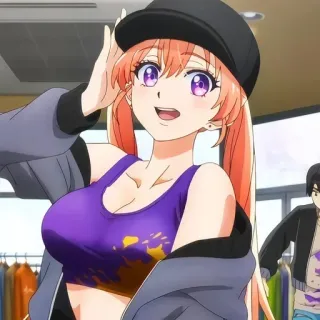 ❤️ garota anime, sorrindo, chapéu, top roxo whatsapp sticker