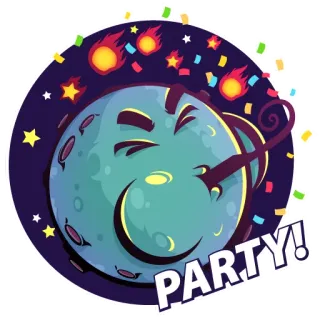 🥳 PARTY! fiesta, celebración, diversión, dibujos animados, luna, estrellas, confeti whatsapp sticker