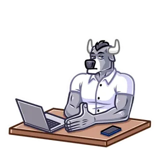 😐 황소, 동물, 사무실, 비즈니스, 노트북, 책상, 만화, 스티커 telegram sticker