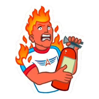 😡 fire, man, cartoon, burning, fire extinguisher, emergency, help whatsapp sticker
