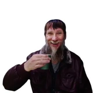 😆 мужчина, человек, улыбается, пьет, бородатый, куртка, счастливый telegram sticker