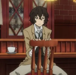 🤖 Osamu Dazai Bungou Stray Dogs Anime, Osamu Dazai, Bungou Stray Dogs, Charakter, Sitzend, Braunes Haar telegram sticker
