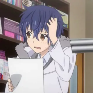 😥 anime, character, concerned, reading, paper telegram sticker