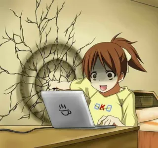 😤 Anime, Mädchen, Laptop, Wand, Loch, geschockt, Cartoon telegram sticker