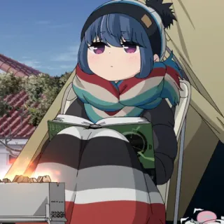 📖 Rin Shima Laid-Back Camp Anime, Camping, Leitura, Ao ar livre, Garota, Personagem telegram sticker